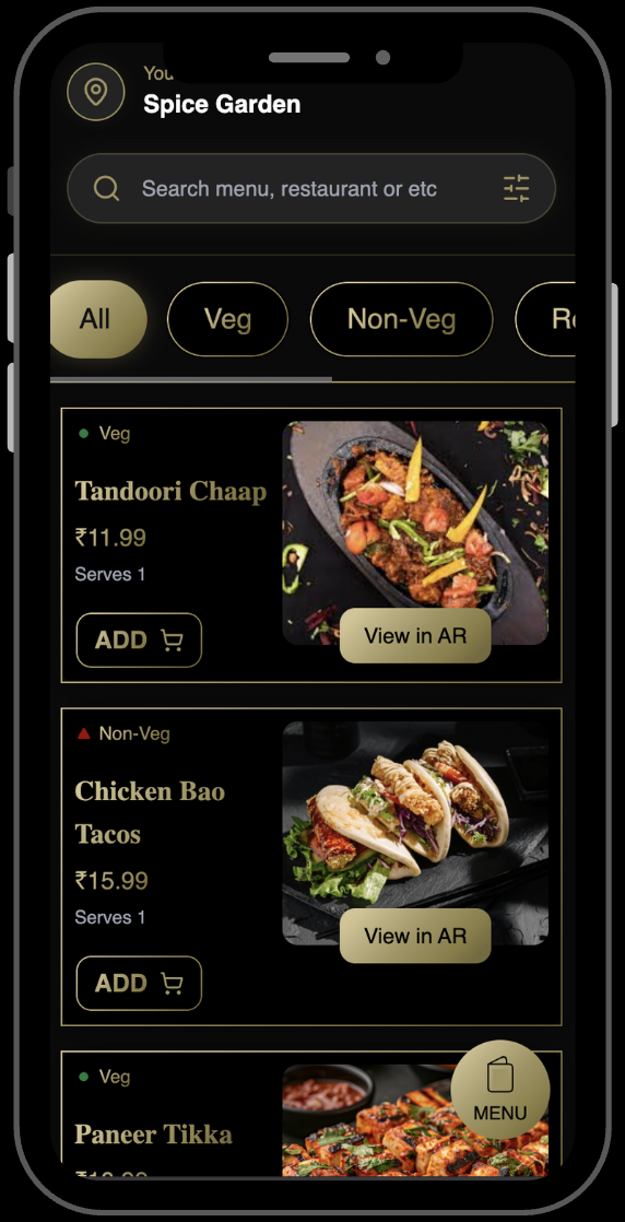 AR Menu Preview — Interactive 3D dish on smartphone